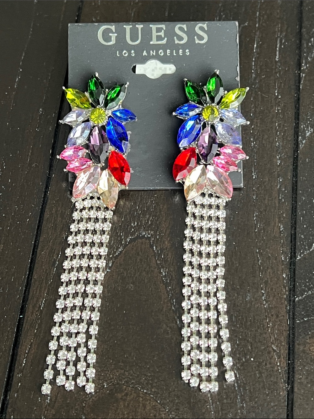 GUESS Multicolor Crystal Flower Tassel Earrings with Silver Chains